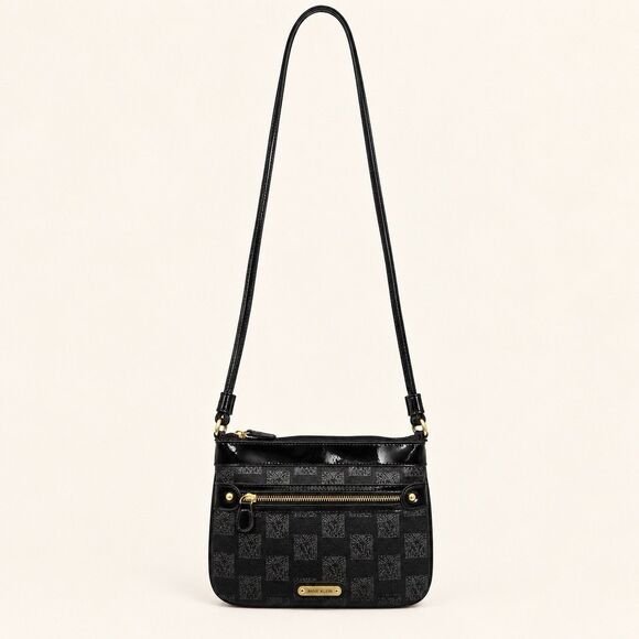Anne Klein Handbags - Anne Klein Black Signature Checkered Crossbody Purse Patent Trim Gold Zip Pocket